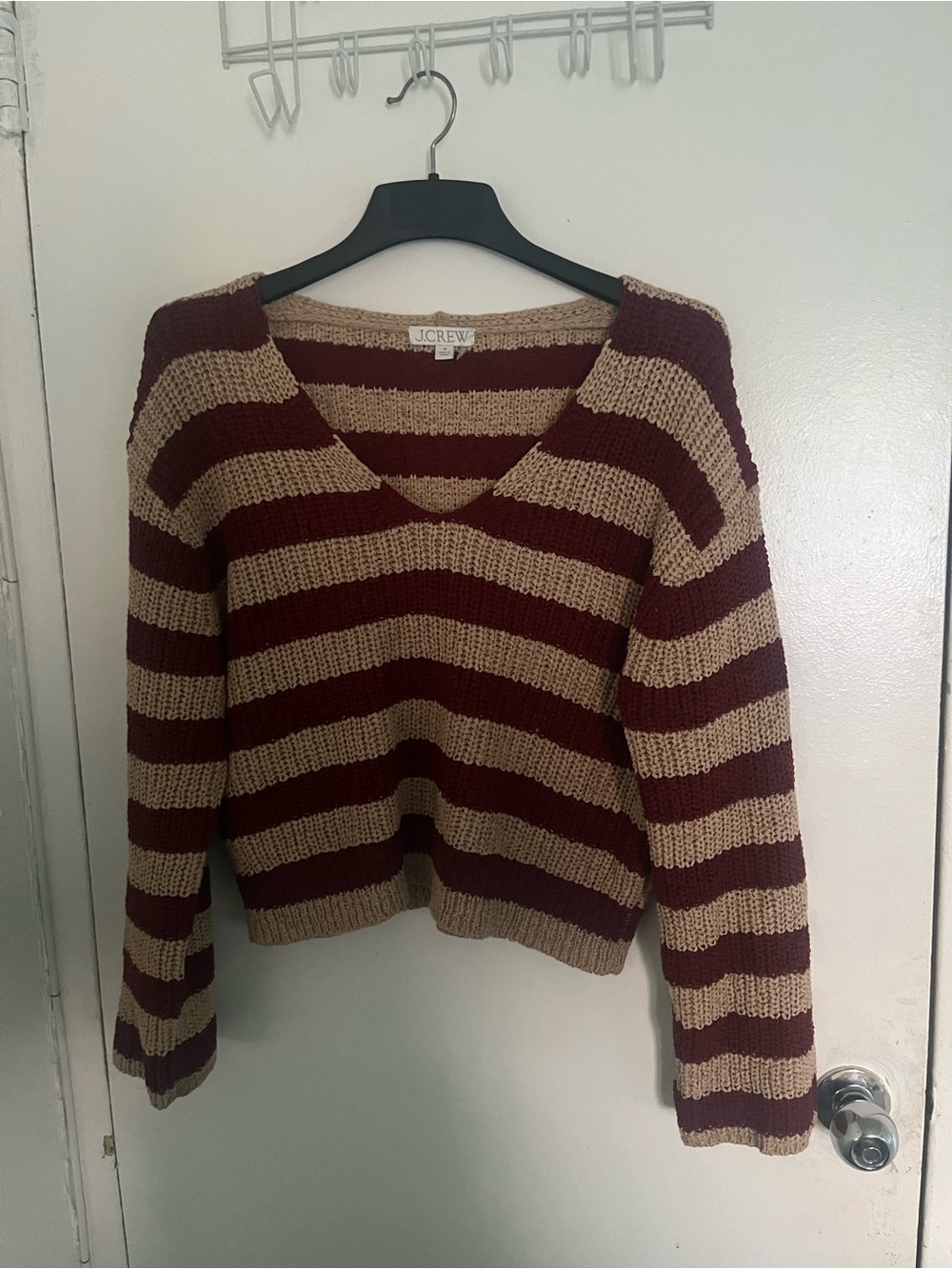 J. Crew Chunky Striped V-Neck Sweater in Burgundy and Cream - Picture 2 of 4
